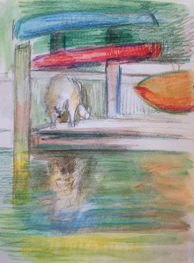 Buffet looking into the "mirror" on LBI, watercolor sketch @NanciHersh