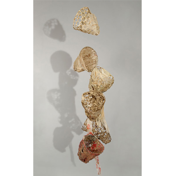 Hanging by a Thread, Wire, pulp, encaustic, collage, 38"x13"x14", $975.