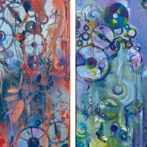 Two colorful abstract paintings side by side. Both have patterns of gears with expressive gestrual marks. The one of the left has a deep orange red background, the one of the right has purples and lime greens. Both have silver accents of colorl